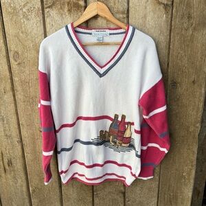 Vintage IZOD Club Golf Sweater Hand Knit Intarsia Cotton Colorblock Sports Large